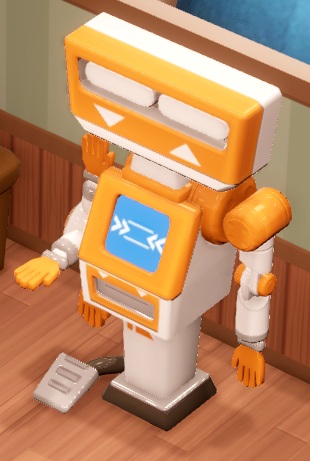 Een machine die eruitziet als een robot, met een 'hoofd' bestaande uit een omhulsel met twee horizontale gleuven erin. De robot heeft een 'gewone' linkerarm, maar de rechterarm is een 'wiel' met vier armen, die gebruikt wordt om de gebruiker een high-five te geven.