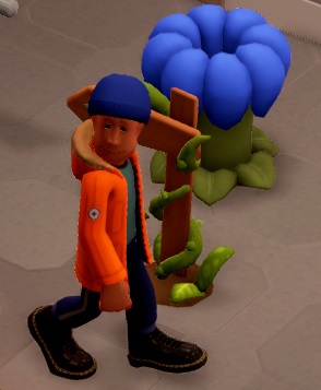 Een Hiker, gekleed in een stevige oranje jas, blauwe muts en een paarse trainingsbroek, loopt langs een Botanische Vuilnisbak en een houten tuinbordje in de vorm van een pijl.
