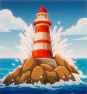 Een rood/witgestreepte vuurtoren staat op een eilandje. Hoge golven breken op de rotsen van het eiland.