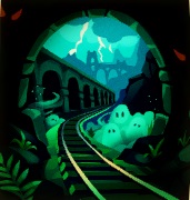 Een treinspoor loopt langs een reeks booggewelven. Rechts zijn drie Spoken te zien. Twee bliksemschichten schieten doorheen de lucht.