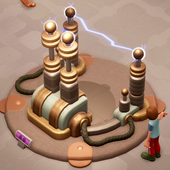 De Jolt Converter II heeft, vergeleken met versie I, aan iedere grote elektrode twee extra concentrische metalen ringen aan de bovenkant. Aan iedere elektrode is een paarse vonk zichtbaar; tussen beide kleine elektroden springt een vonk over. Rechtsonder bekijkt een Bezoeker de Jolt Converter.