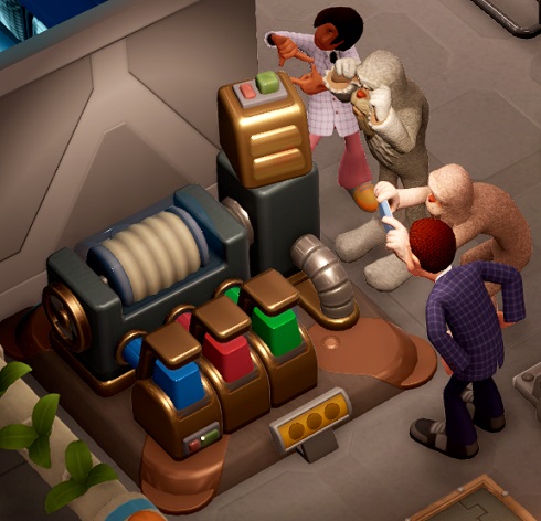 De Judgement Clouder III heeft, vergeleken met versie II, nog een extra opslagruimte voor (groene) chemicaliën. Twee Yeti's en twee gewone Bezoekers staan rond de Judgement Clouder; één Yeti neemt een foto.