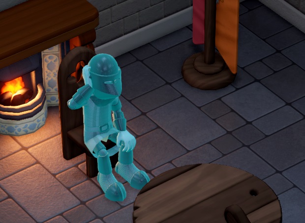Een Knight-Spook zit op een houten stoel in zijn Polterguest Room. Links staat een open haard; onderaan is een deel van een houten tafel te zien en bovenaan rechts staat een vaandel.