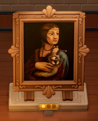 Een schilderij van een Dame die een éénogig 'Monobeast' op de arm draagt.