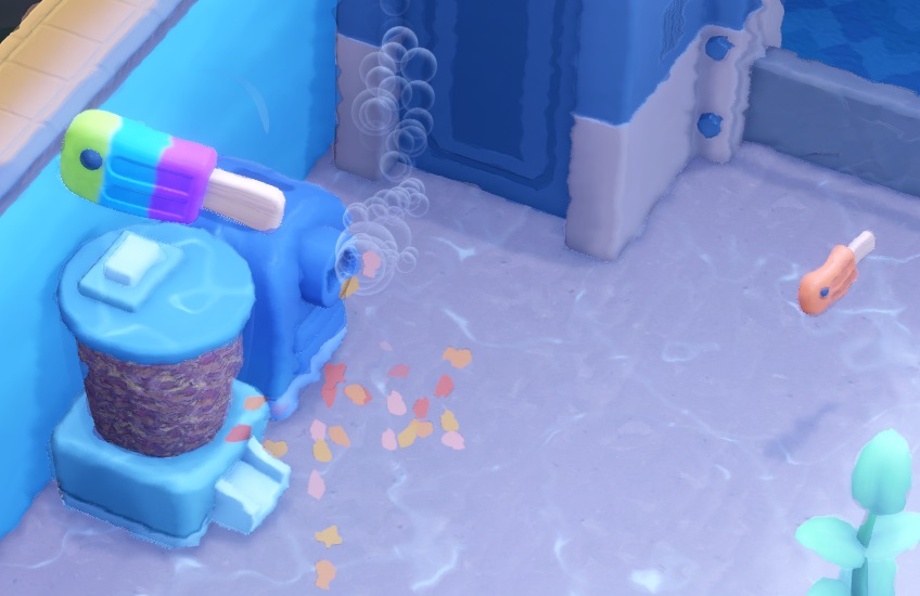 Twee Lolliflopper Fishes in hun Aquarium (links een bontgekleurd exemplaar, rechts een éénkleurig zalmroze Vis). De Vissen zien eruit als ijslollies, met het stokje als 'staart'. Aan de linkerkant staan een Flake Food Dispenser en een Waterfilter.