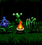 Een vuurbaken in een donker bos. Rond het vuur zijn van links naar rechts een paarsblauwe monsterlijke bloem, een groen mens-achtig gedrocht en een enorme bidsprinkhaan afgebeeld - dansen ze rond het vuur?