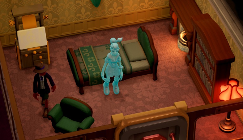 Een Polterguest Room waarin Margaret Fitzpocket rondzweeft. Een Supernatural Expert is op weg om de Kamer te verlaten. Rond Margaret staan haar Schildersezel, een Open Haard, een Boekenkast, een Lamp, een Bed en een Eénpersoonszetel.