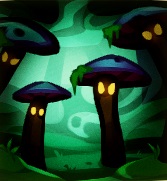 In een donker nevelwoud staan vier paddestoelen. Iedere paddestoel heeft twee gele vlekken als 'ogen' die je dreigend aankijken.