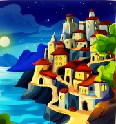 Een nachtelijk kuststadje, met de zee aan de linkerkant, onder een volle maan.