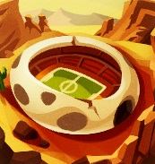 Een sportstadion, met eierschaalvormige buitenmuren en een voetbalveld in het midden.