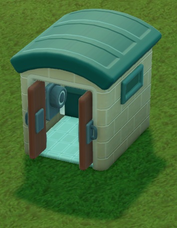 Een Toilethokje met gebogen dak. De dubbele deuren staan open; binnenin is een wc papier-toestel te zien.
