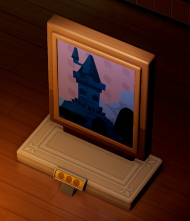 Vogelperspectief van een Painting (Schilderij). Het Schilderij staat ingelijst op een voet. Op het Schilderij staat een donkerblauwe Kasteeltoren op een lichtpaarse achtergrond.