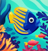 Een Flambuoyant Fish zwemt tussen oranje en paars zeewier. Twee kleine, roodroze Vissen met gele vinnen zwemmen onderaan voorbij.