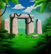 Op een open plek in het oerwoud staat een stenen architraaf op twee verticale stenen, en twee andere verticale stenen zonder deksteen - één links, één rechts van de architraaf. Het geheel doet denken aan Stonehenge. Lianen kronkelen rond de stenen.