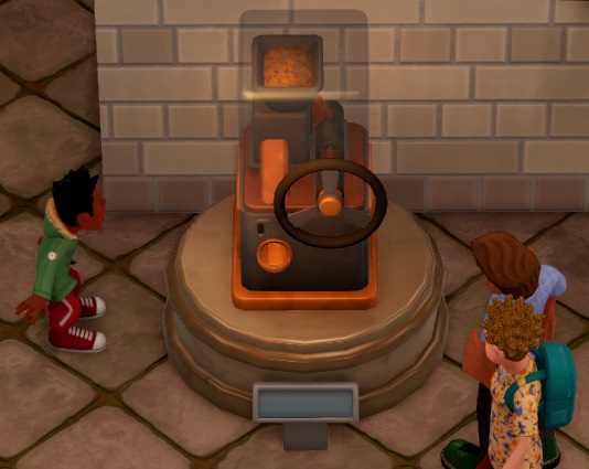 De Penny Pincher is een machine met doorzichtige bovenkant en een draaiwiel aan de voorkant. Bovenaan is een vergaarbak vol 'pennies' te zien; onderaan is een opening waar de pennies uit de machine komen. Links bekijkt een Kind de machine; rechts doet een Bezoeker hetzelfde, terwijl een Toerist onderaan voorbijloopt.