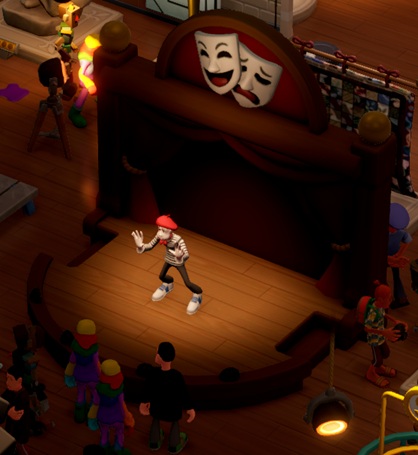 Een Art Expert speelt Mime op een performance Stage. Bovenaan het houten toneel hangen twee maskers, het ene met een lach, het andere met een droevig gezicht. Een viertal Bezoekers staat voor het podium en bekijkt de voorstelling.