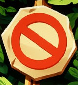 Een enorm rood verbodsbord met diagonale rode streep op een houten zevenhoekige plank. De achtergrond bestaat uit jungleplanten.