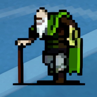 Poe Racho is een tweedimensionale figuur, opgebouwd uit pixelblokken. Details zijn niet te zien (door de pixels) maar hij draagt een witte baard, een groene cape en een wandelstok.