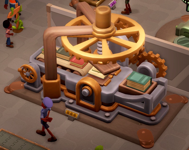 De Printing Press is een Machine, uit hout en metaal gebouwd. Links komen de te drukken boeken aangerold op een transportband; in het midden bevindt zich de eigenlijke drukpers (een enorm houten wiel, met daaraan een schroefarm met aan het uiteinde de houten mal). Een opvangbak voor de gedrukte boeken vervolledigt de Machine aan de rechterkant. Een Bewaker passeert de Printing Press langs de voorkant; hij wandelt in een houding vol zelfvertrouwen voorbij.