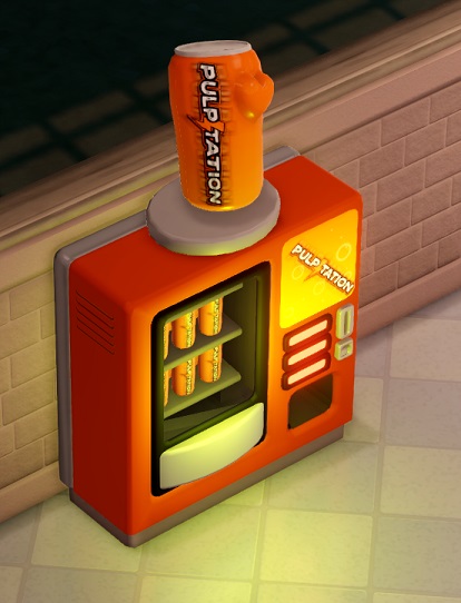 Een verkoopautomaat, gevuld met blikjes Pulpitation. Bovenop de automaat staat een uitvergroot blikje (met een hartvormige uitstulping) ter identificatie.
