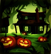 Een griezelig huis staat tussen bomen op de achtergrond. Op de voorgrond liggen Halloweenpompoenen, van binnenuit verlicht, met uitsnijdingen waardoor het lijkt alsof ze gezichten hebben.
