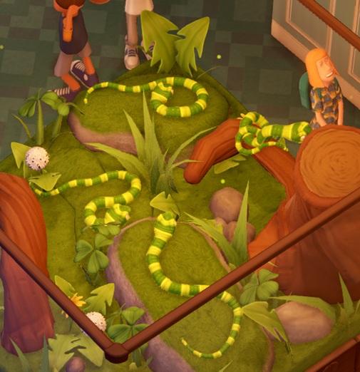 Vier Respite Snakes in hun Terrarium. Eén ligt op de bodem en twee anderen liggen elk op een andere platte kei. De vierde Slang ligt op een boomtak. De Slangen hebben lichtgroene/donkergroene banden op hun lichaam. Bezoekers passeren het Terrarium aan de bovenkant van de foto.
