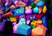 Een stapel felgekleurde vuilniszakken. Sommigen hebben een paar griezelige ogen. Vooraan zijn een spook en een uitgesneden Halloweenpompoen te zien.