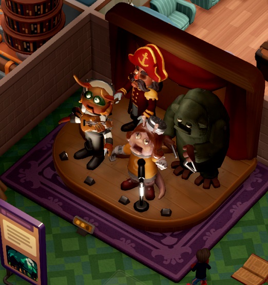 De Roach Burger Animatronics vormen een animatronics-orkest met, met de klok mee: Admiral Ketchup aan de trom, Gurnie aan de triangel, Sally Salt aan de zang en de Roach Burglar aan de gitaar. Linksonder staat een Infostand, rechtsonder zijn een Kind en een zwevend boek te zien.