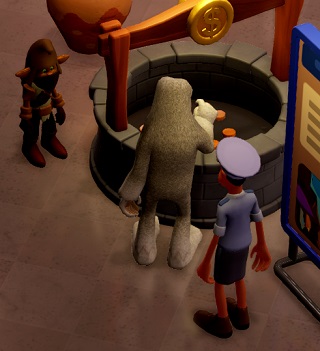 Een Robbery Goblin (linksboven) staat oog in oog met een Bewaker (rechtsonder), terwijl een Yeti wat Geld in een grote Donation Well deponeert.