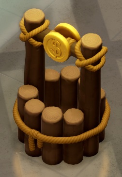 Een ronde Donatiebox, gevormd door houten paaltjes. Bovenaan is een houten dwarsbalk gesjord, met in het midden een gele ring met een dollarteken erin.