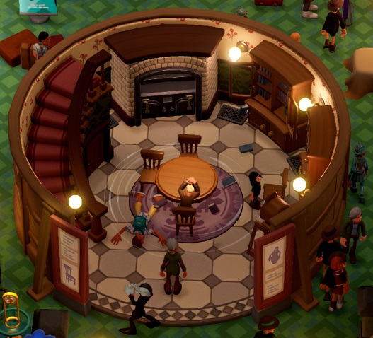 De Séance Simulator lijkt op een ronde filmset van een keuken-met-ronde-eettafel. Drie Bezoekers kijken toe hoe de stoelen in het rond zweven. Andere Bezoekers lopen rond de Simulator.