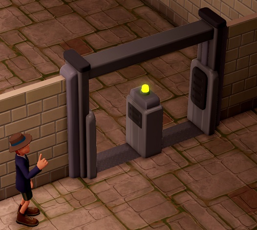 Een Supernatural Expert staat links van een Security Archway - een toegangspoort die Bezoekers 'scant' op Criminaliteit.