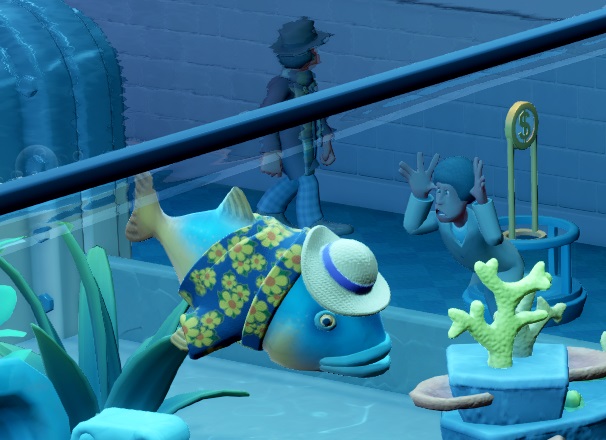 Een Setsail Fish in zijn Aquarium. De Setsail Fish is een grote vis, met een bebloemd toeristenhemdje aan en een zonnehoed op. Achter de Aquariumwand loopt een Supernatural Enthusiast voorbij, terwijl een andere Bezoeker gekke bekken voor de Vis maakt.