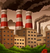 Een rij flatgebouwen, met daarachter drie brede en twee smallere 'industrie-schoorsteenpijpen'. Vettige rook stroomt uit de schoorsteenpijpen, en de lucht heeft dan ook een ongezonde, bruine kleur. Op de voorgrond groeien bomen; rechtsonder ligt een hoopje rode bakstenen.