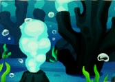 Een onderwatergrot met vele stenen mini-vulkanen, waaruit stoom en bubbels ontsnappen.