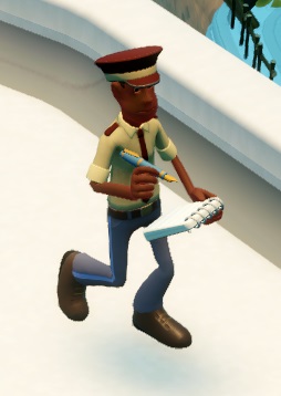 Sonya draagt een veiligheidsuniform met lila broek, kaki hemd en bruine das en pet. Ze heeft heel korte haren, die op de foto nauwelijks te zien zijn.