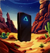 Een woestijn in de nacht, omringd door rotsformaties. Een Lone Henge-Museumstuk staat in het midden. Een driehoekig lichtje bevindt zich midden bovenaan de Lone Henge.