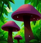 Een stukje bos met drie paarse paddenstoelen, op verschillende afstand van de fotograaf. De paddenstoelen laten witte, pluizige sporen vallen.