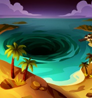 Een nachtelijke baai, met een enorme draaikolk er middenin. Op het land staan palmbomen.