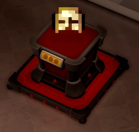 Op een verhoging staat een stenen masker, opgebouwd uit tweedimensionale pixelblokken. Het masker is klein en kan alleen de bovenkant van een gezicht bedekken.