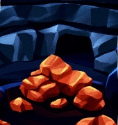 Tegen een achtergrond van donkerblauwe rotsen ligt een hoop roodbruin metaal-erts.