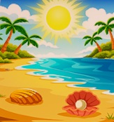 Een strand onder een stralende zon, met rechts de zee. Links en rechts staat begroeiing met palmbomen. Op de voorgrond liggen twee oesters. De oester links is gesloten; de rechtse is open en bevat een parel.