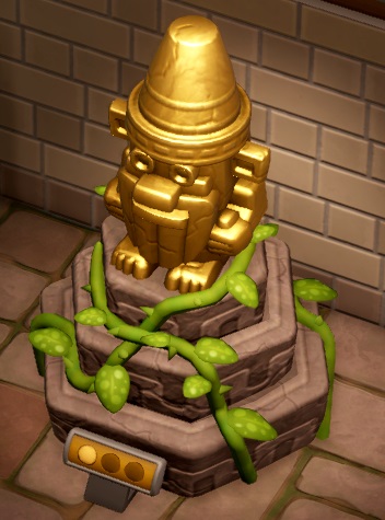 Op drie concentrische, zeshoekige stenen staat een gouden Temple Troll, vormgegeven volgens de Oudamerikaanse stijl (met zéér veel rechte hoeken). Over de stenen groeit een liaan.