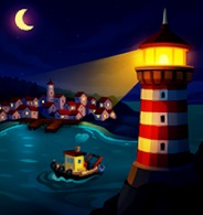 Een nachtelijke afbeelding van een dorpje aan zee, met een enorme vuurtoren aan de rechterkant. Een vissersbootje vaart op de zee.
