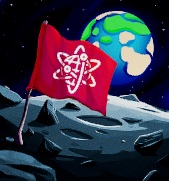 Op het Maanoppervlak staat een rode vlag geplant, met het logo van Bungle (drie bewegende atomen) erop. Op de achtergrond zweeft de Aarde in de Ruimte.