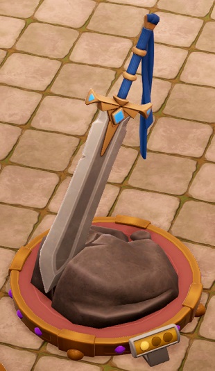 Een enorm zwaard met blauw handvat en een blauw doekje aan het gevest.