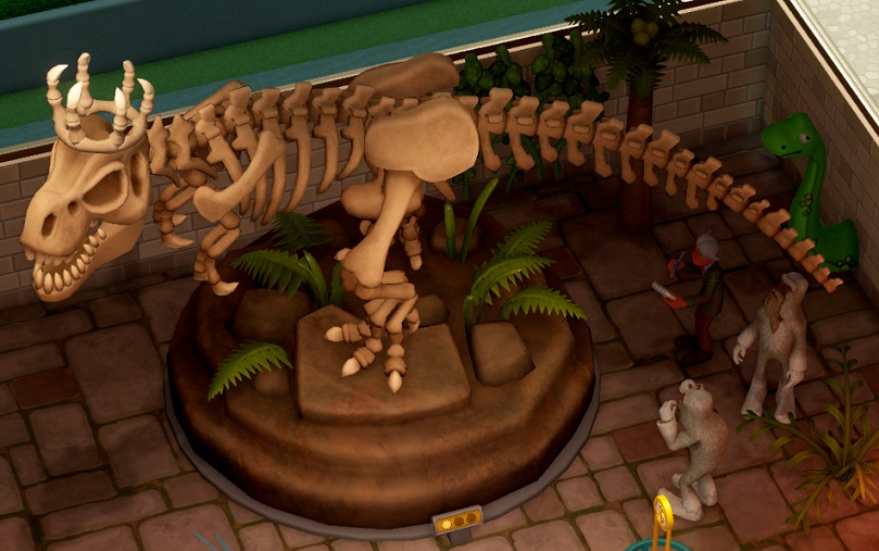 Twee Yeti's bekijken een Tiarasaurus Rex-skelet (uiteraard mét tiara op de kop), terwijl een Professor nota neemt op een schrijfblok.