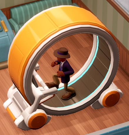 Een machine die bestaat uit een cirkelvormig loopband-element, te vergelijken met de loopwieltjes in Hamsterkooitjes. Een Space Expert loopt in de machine.