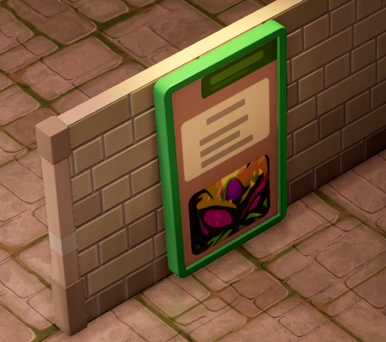 Een Wall Info Stand hangt aan een Partition Wall en geeft informatie over een vleesetende Plant. De Info Stand heeft een groene rand, en een afbeelding van een vleesetende Plant, met verklarende tekst erboven.