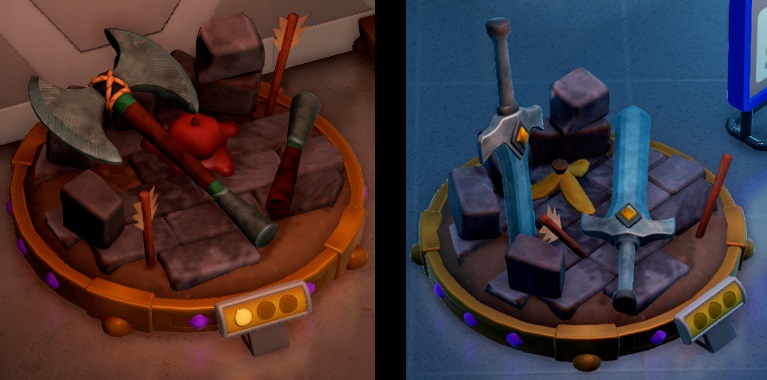 Twee afbeeldingen van de verschillende gedaantes van War Turf in het spel. Het linkse Museumstuk komt uit Verwoest Fairydale en omvat een strijdbijl, twee afgeschoten pijlen en een platgegooide tomaat. Het rechtse Museumstuk komt uit Verwoest Wishfell Village en bestaat uit twee zwaarden, twee afgeschoten pijlen en een bananenschil.